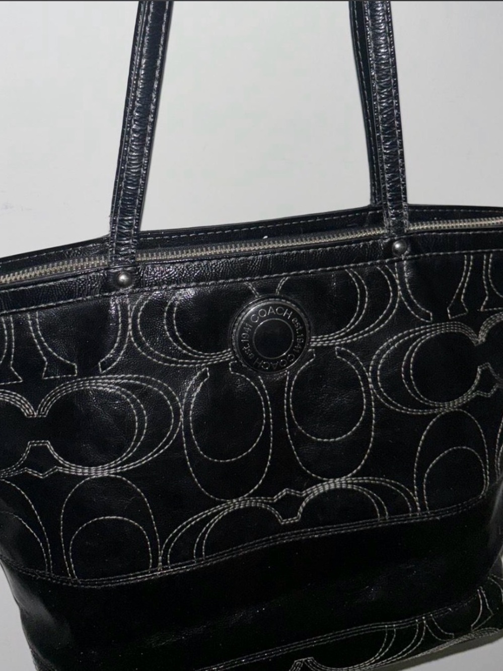 Coach Black Signature Shoulder Tote with Contrast Stitching